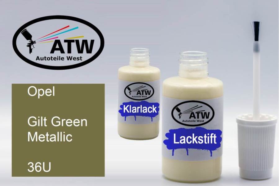 Opel, Gilt Green Metallic, 36U: 20ml Lackstift + 20ml Klarlack - Set, von ATW Autoteile West.